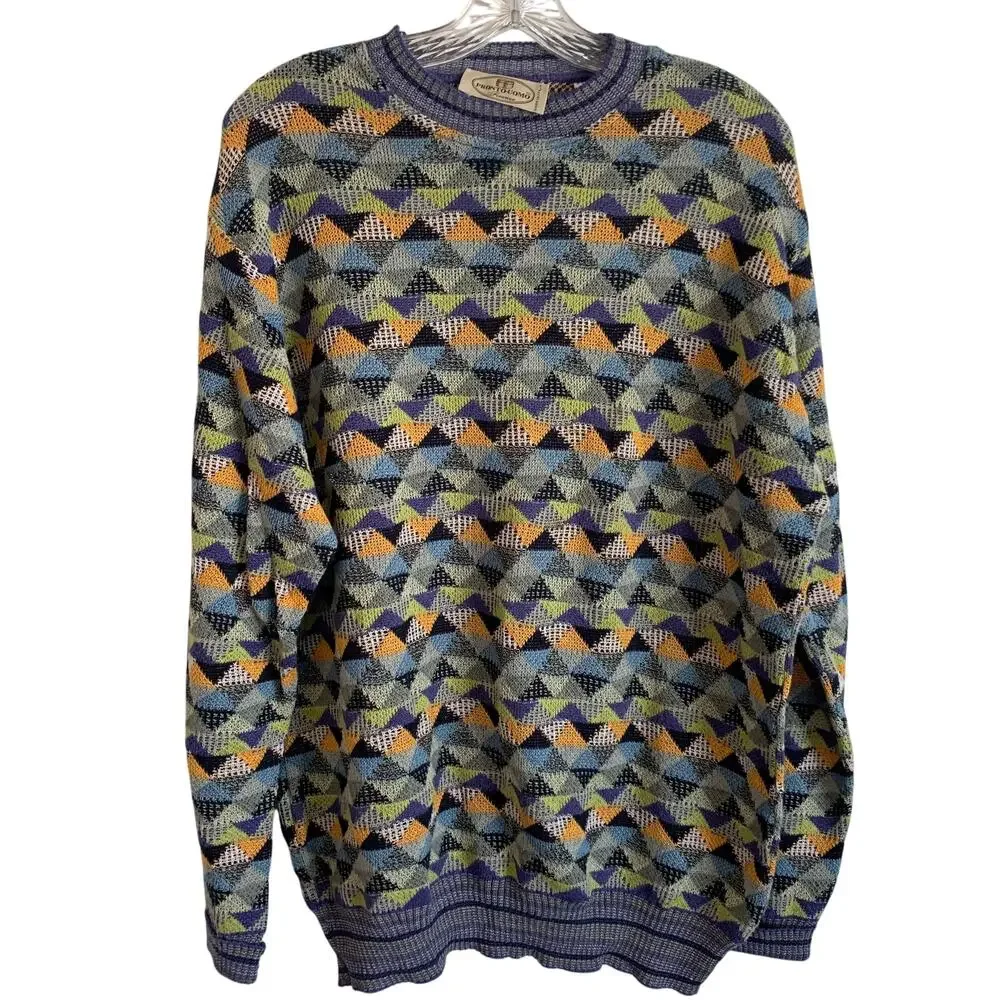 Pronto-Uomo Mens XL Merino Crew Neck Sweater Geometric Italy Winter Earthtones